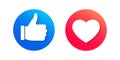 Like icons with thumb up and heart. Social media button symbols. Love and hand with finger circle signs. Royalty Free Stock Photo